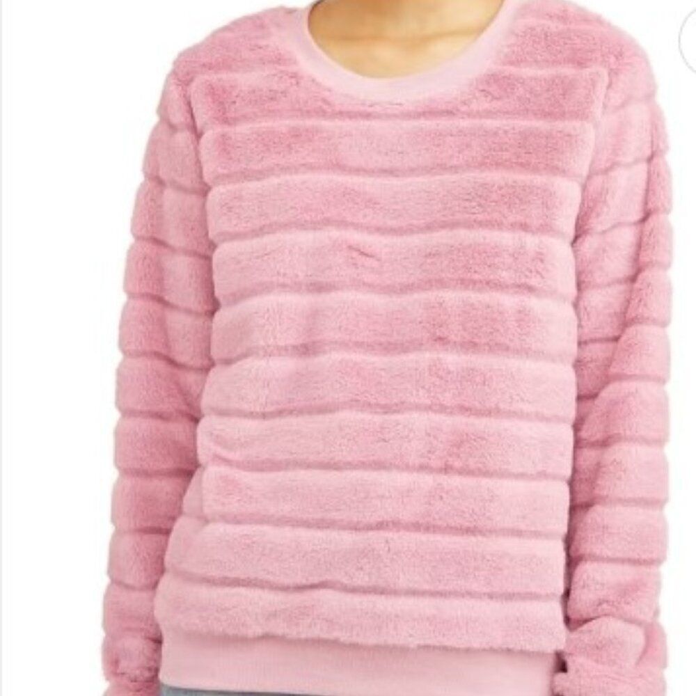 TRIXIE + LULU Blush Pink Faux Fur Ribbed Sweater Top Cozy Plush Large - Picture 8 of 8